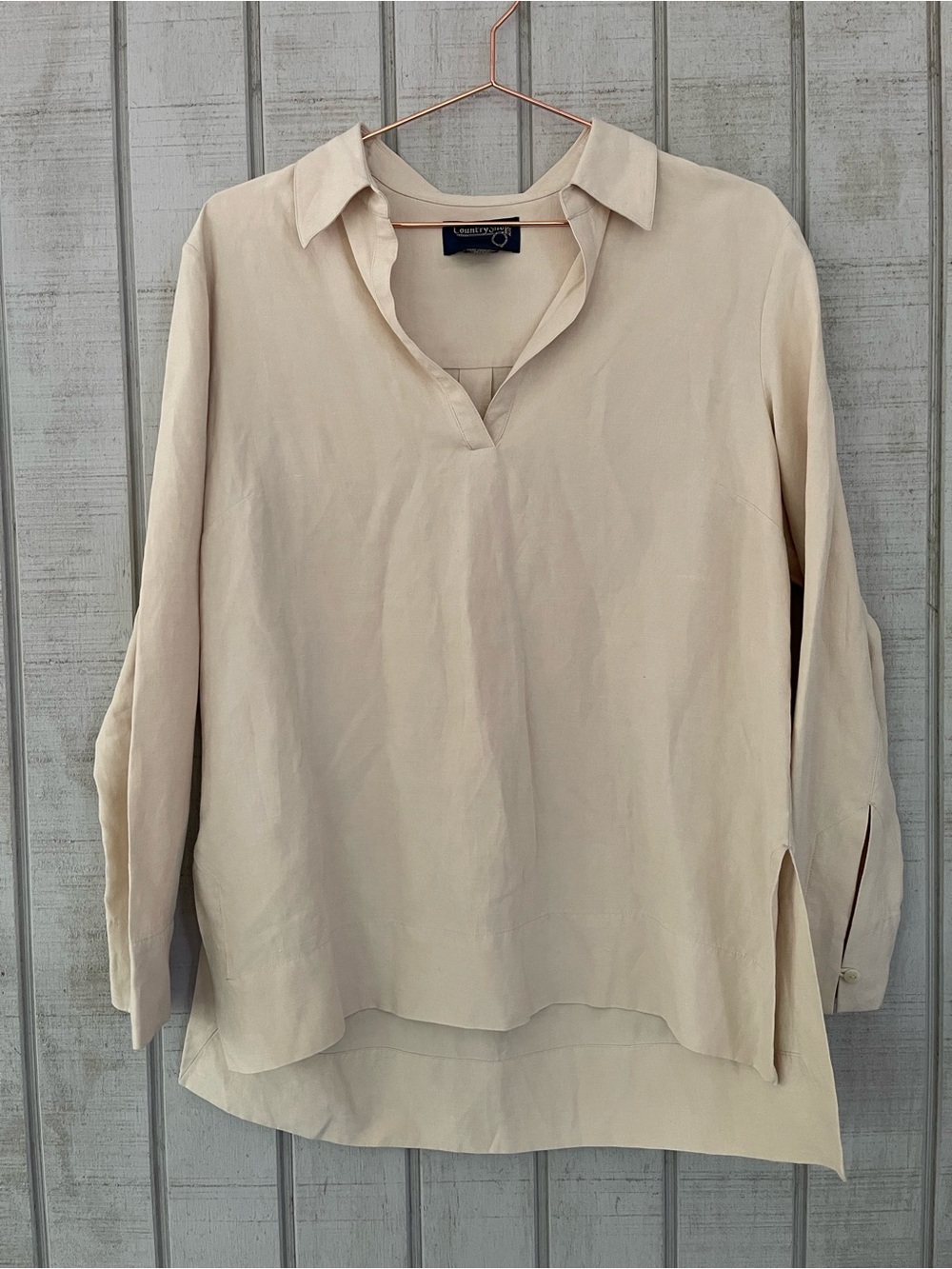 Vintage Country Shop Beige Silk Linen Blend Collared Tunic Top M Boho Minimal
